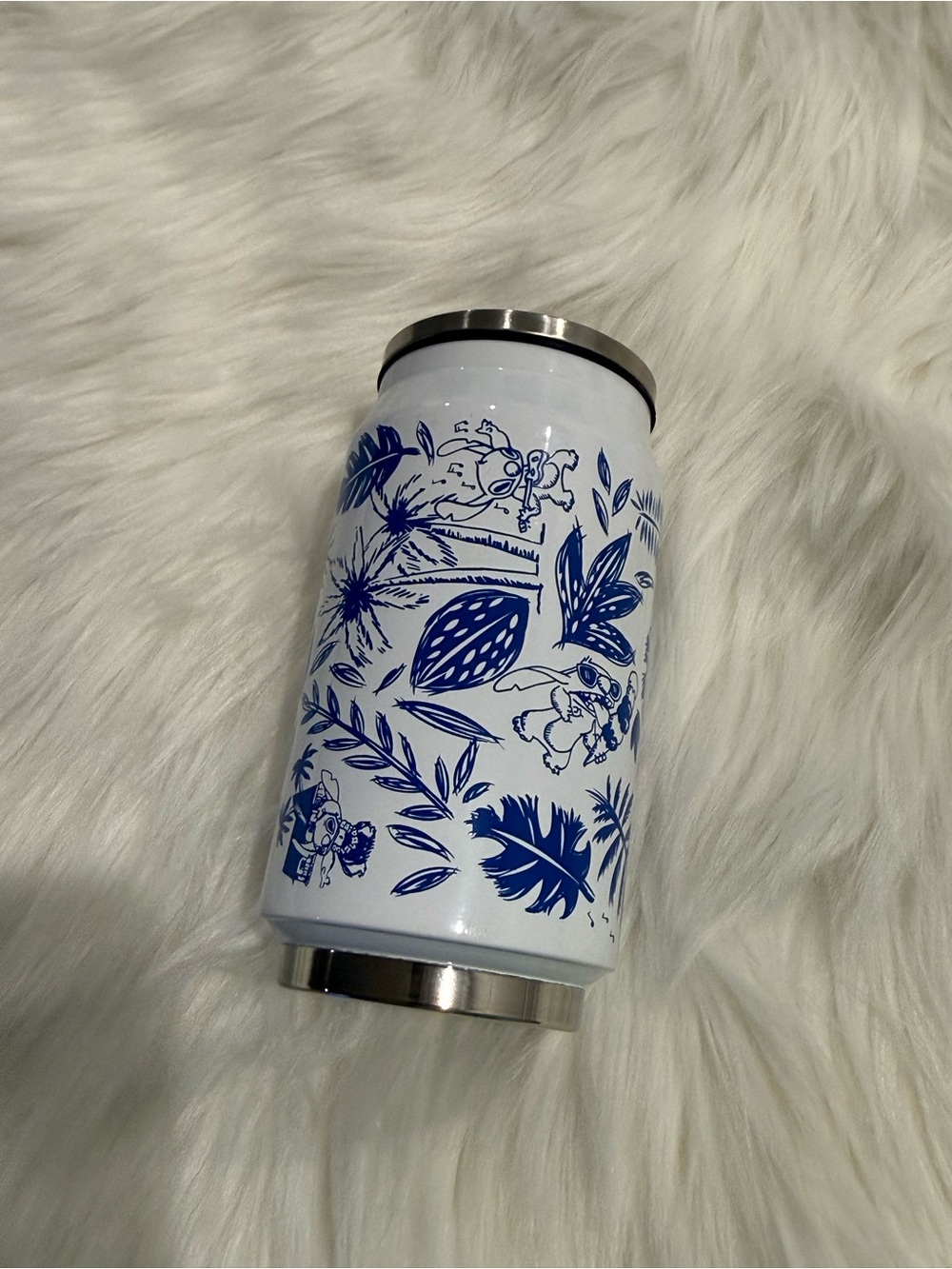 Disney Stitch White and Blue Floral Soda Can Water Tumbler